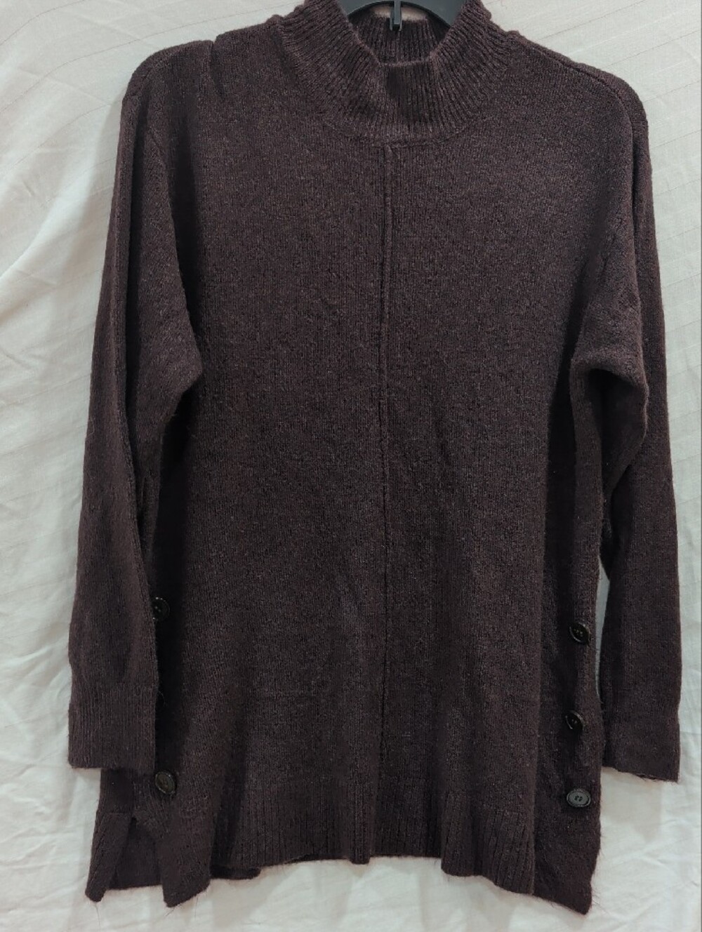 Women's Dark Brown Turtleneck Button-Side Knit Sweater